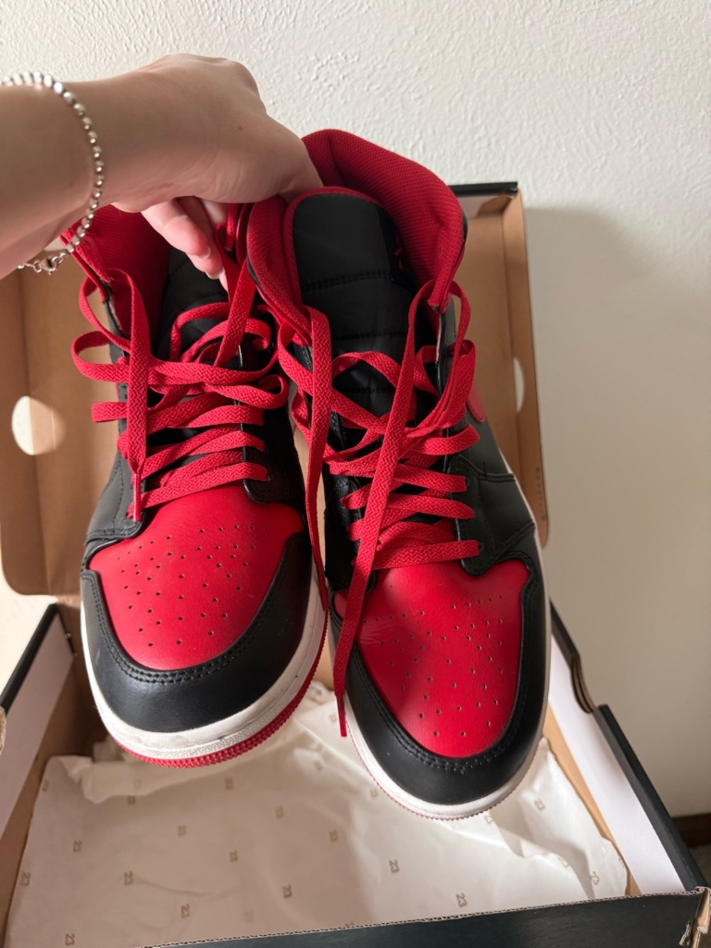 Jordan 1 Mid Nike Men’s Black and Red High-Top Sneakers - Picture 10 of 14